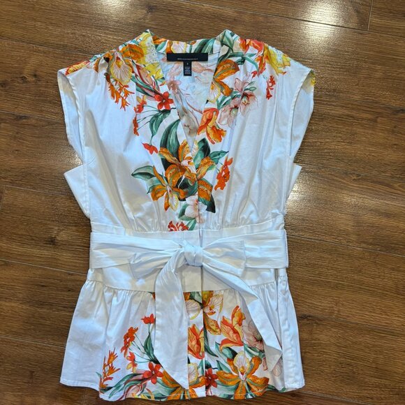 White House Black Market Short Sleeved Tie Waist Blouse S White Tiger Lily - Picture 5 of 12